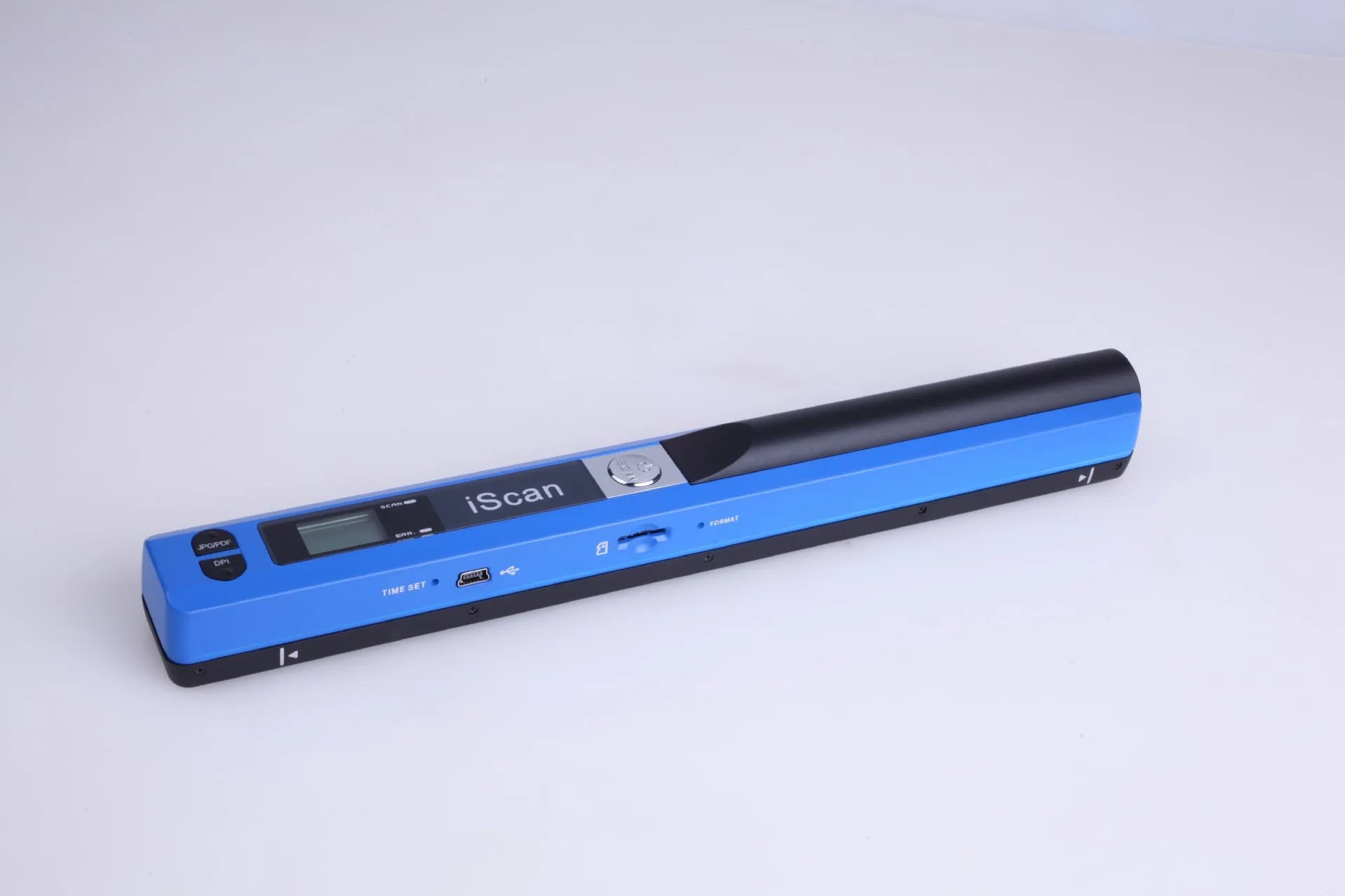 A handheld plastic scanner shown in five colour options: black, blue, green, red, and silver.