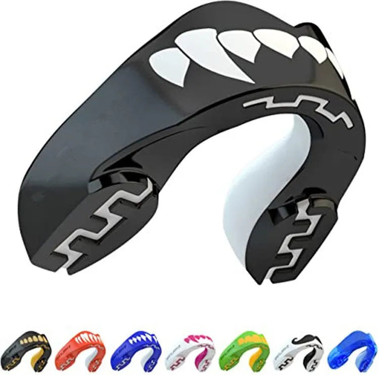 Adult boxing mouthguard with tooth socket design in black and white printed teeth graphic
