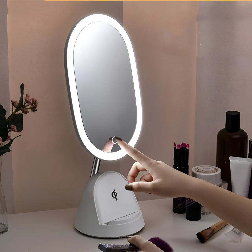 White multifunctional makeup mirror table lamp with UK plug on desktop