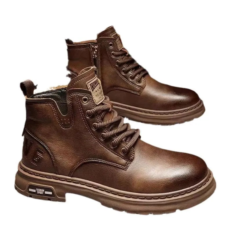 Retro British style Martin ankle boots for men round toe solid colour artificial PU leather black brown sizes 39-44