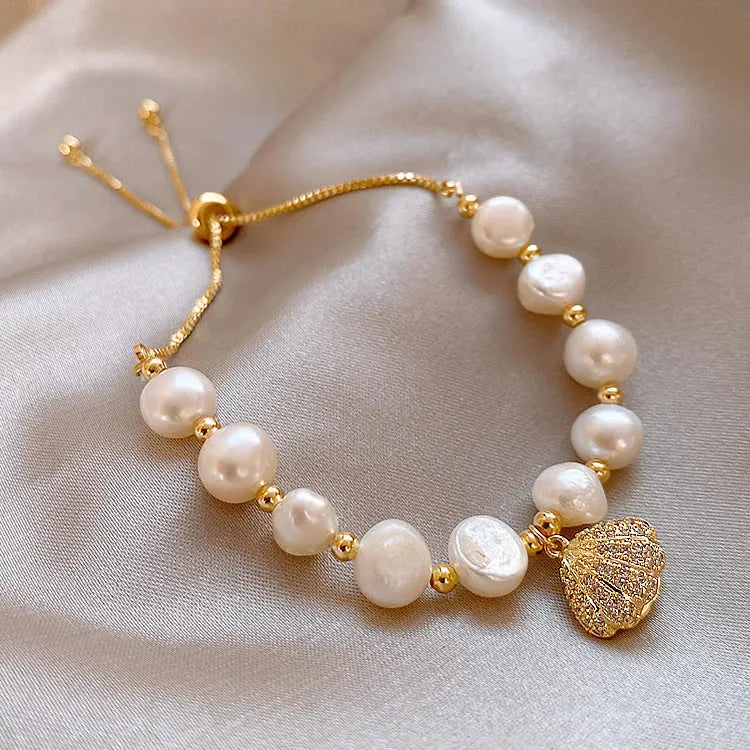 Baroque freshwater pearl bracelet with zircon accents geometric design women's gold colour