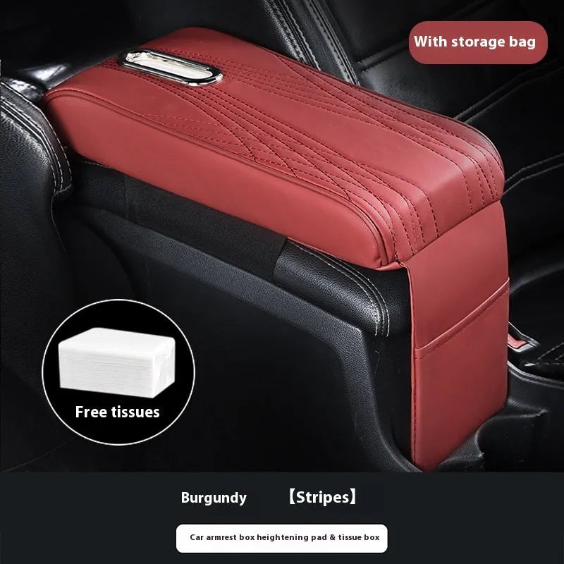 Black leather car armrest cover with angel pattern tissue pocket placed on a vehicle center console