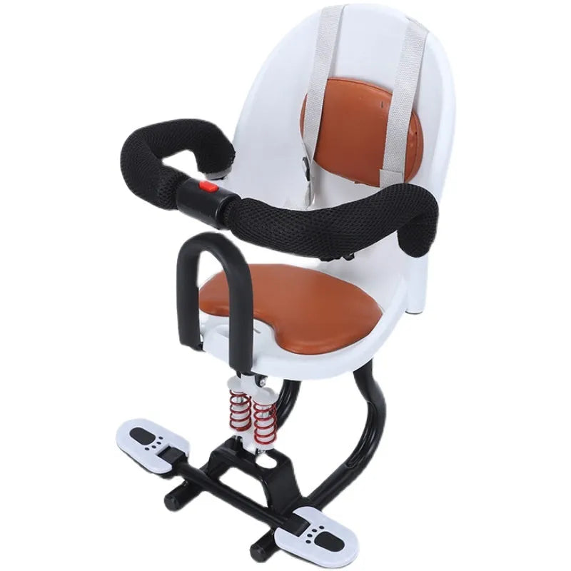 Black front child safety seat for an electric scooter, showing a high carbon steel frame.