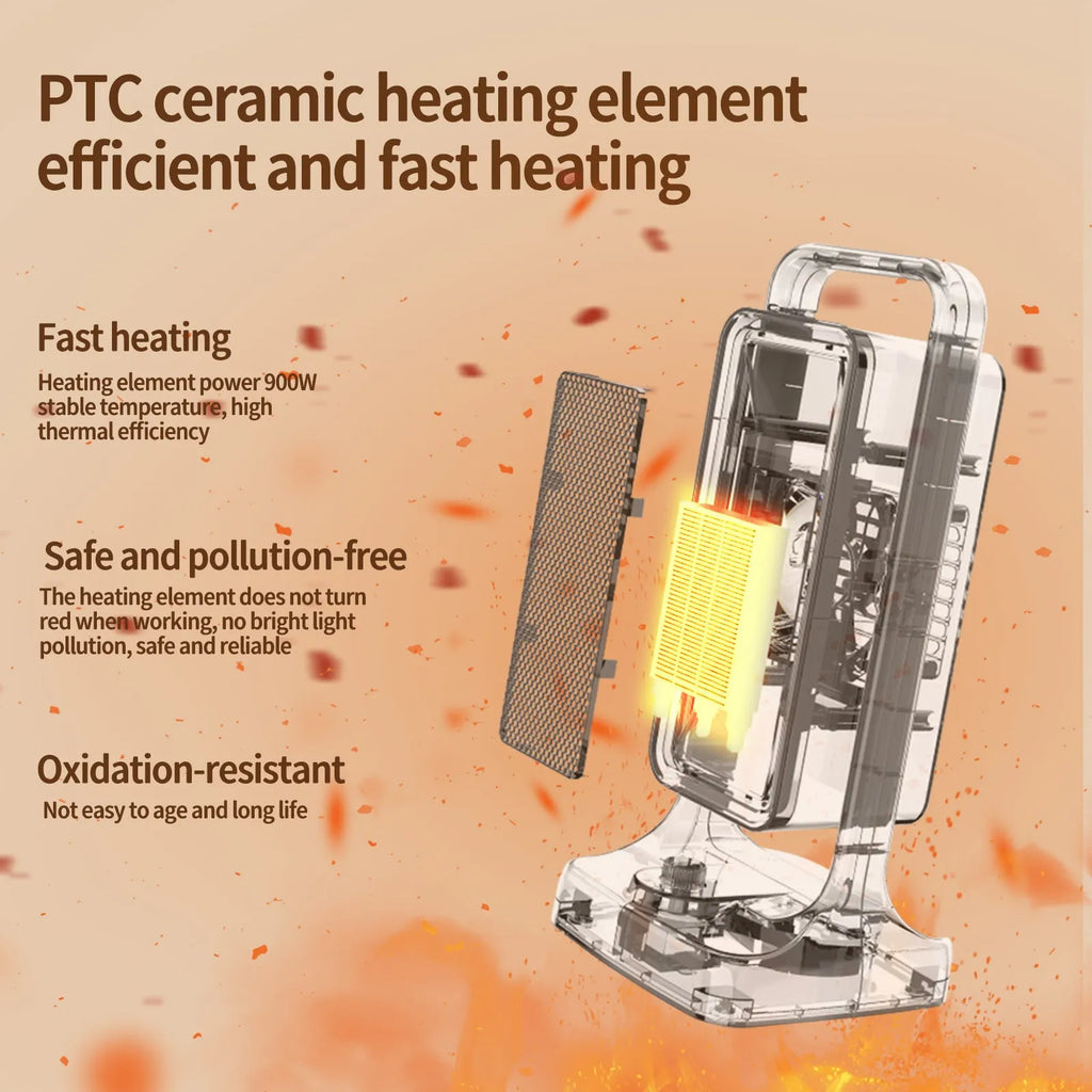 Black PTC ceramic desktop heater with control knob, measuring 14.9cm wide by 33.5cm tall.