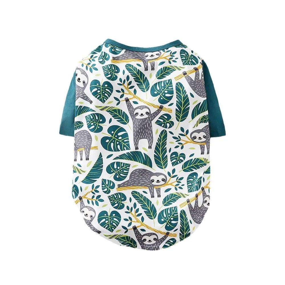 Small dog wearing a full printed casual t-shirt for spring and autumn.