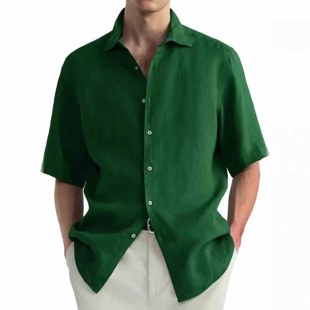 Green washed cotton men's casual shirt and matching trousers in regular fit cardigan style