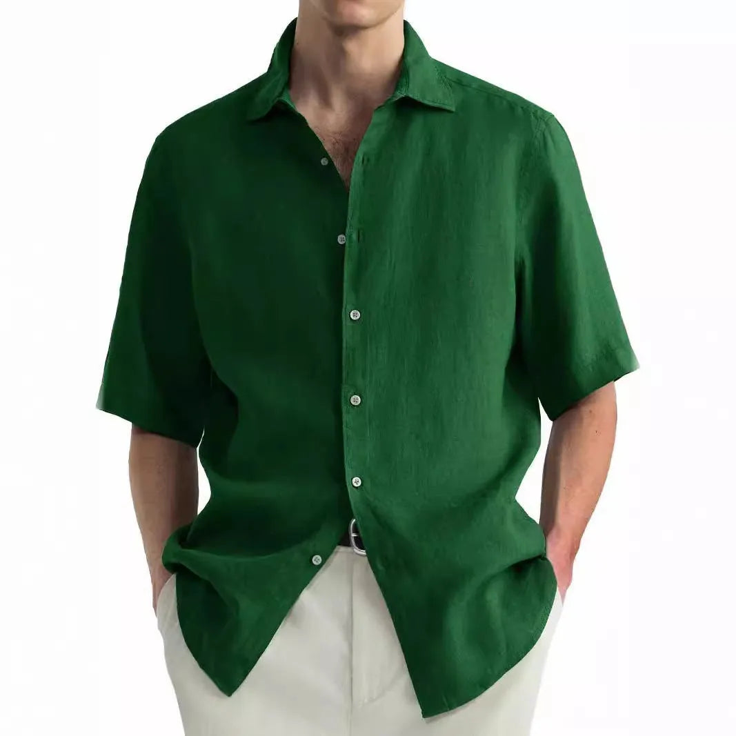 Green washed cotton men's casual shirt and matching trousers in regular fit cardigan style