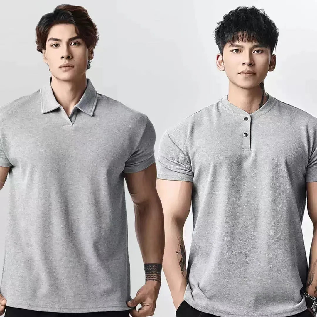 Men's loose fit retro t-shirt in white, black, or grey with choice of Henry or polo collar