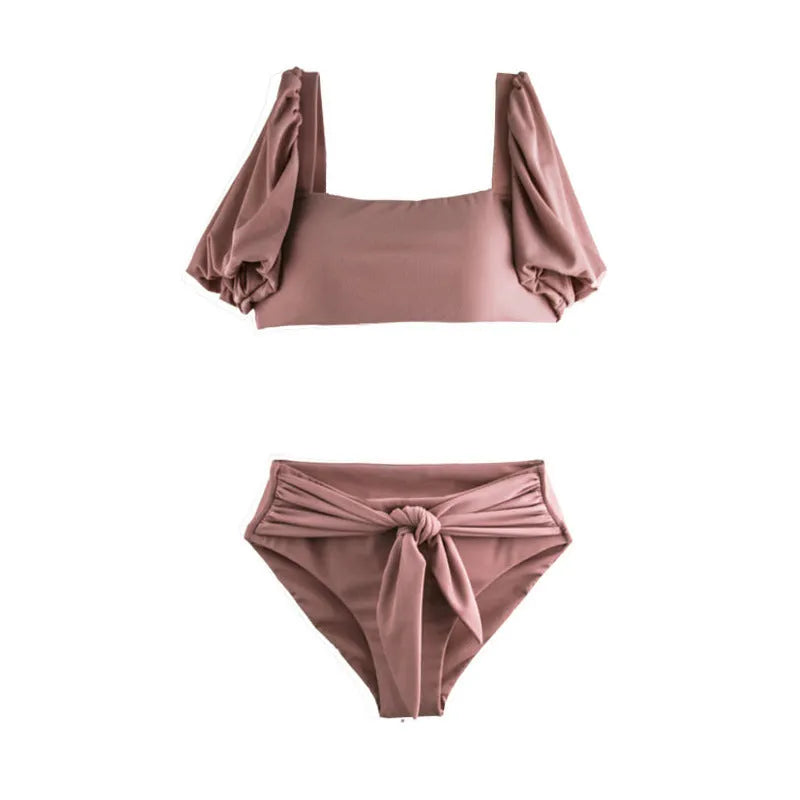 Women's bubble sleeve lace-up bow bikini split swimsuit in picture colour with nylon and spandex material
