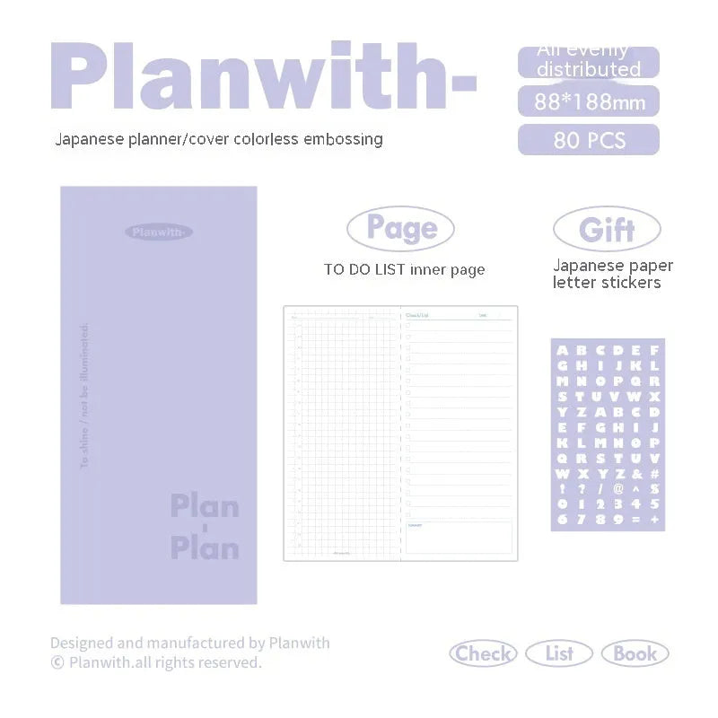 Embossed simple visual daily meter book notebook open, showing white 100g paper, available in blue, grey, purple, white, and protective cover colours.