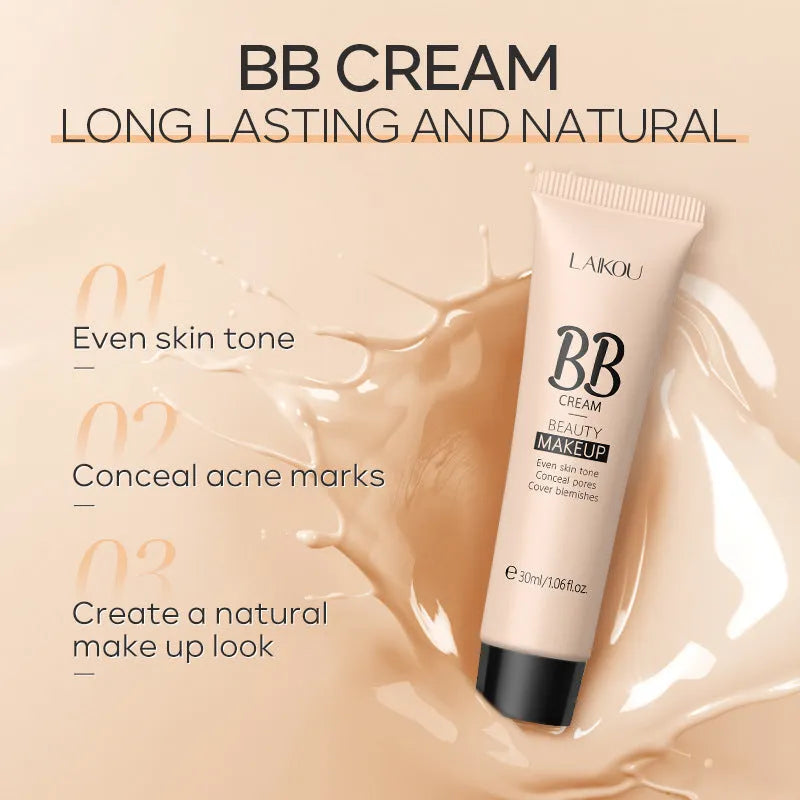 30ml tube of BB cream makeup shown with nine shade options from light to dark.