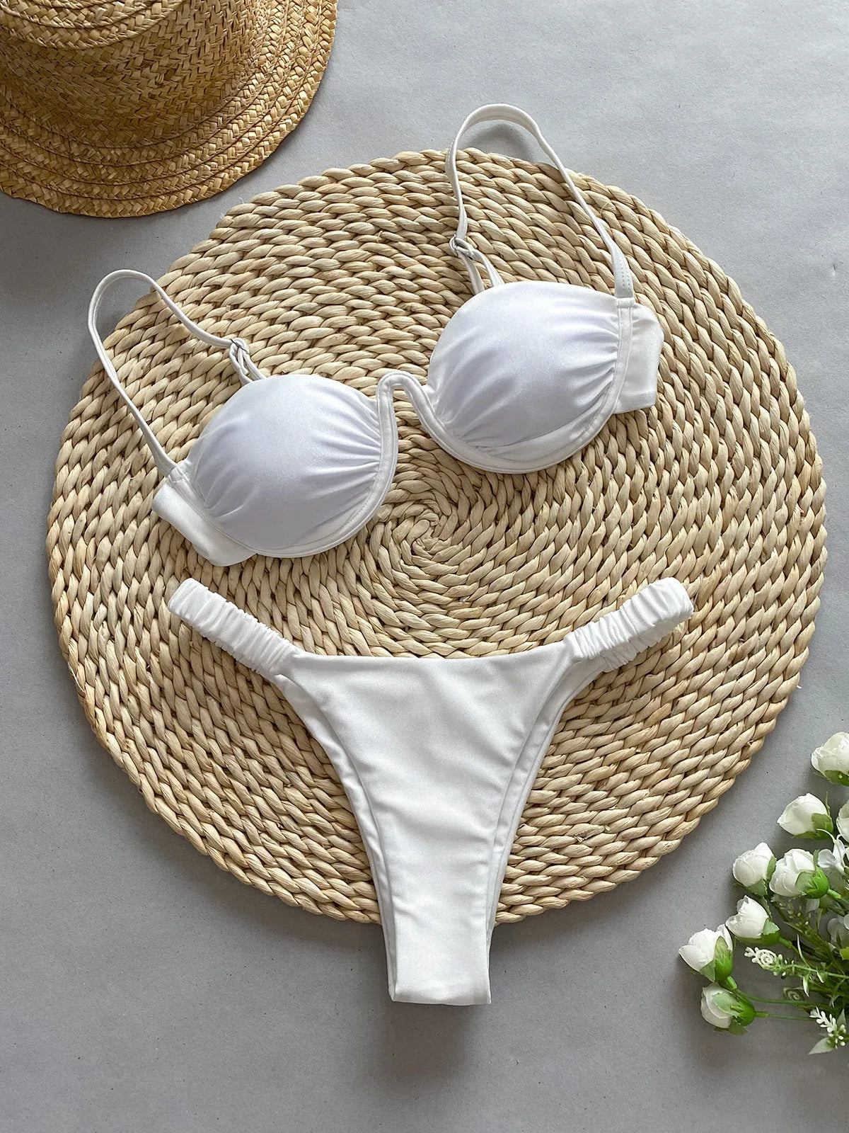 European style women's underwire bikini swimsuit in khaki colour with split briefs design