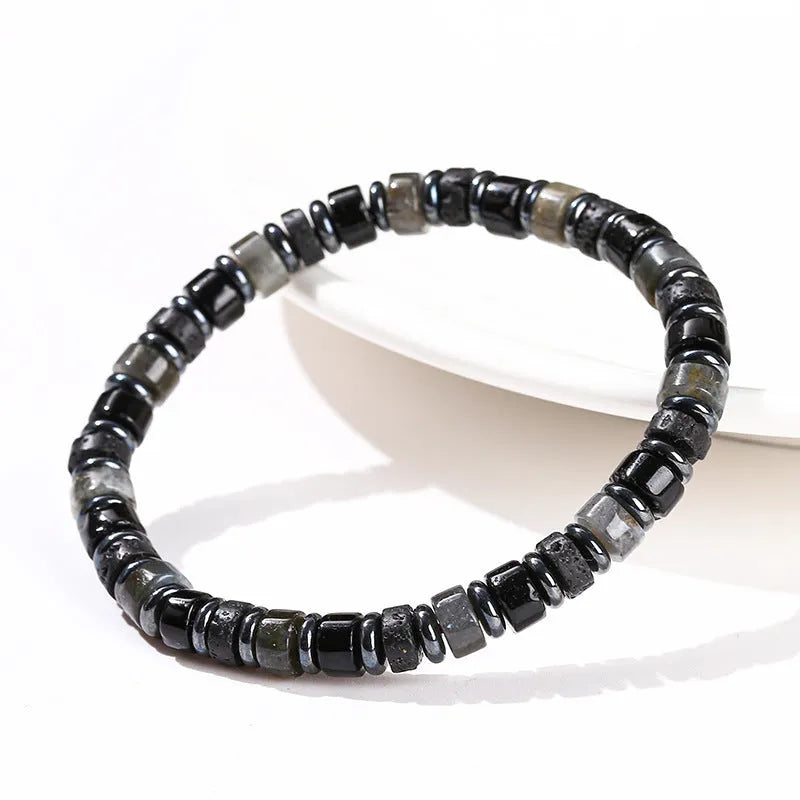 Natural volcanic rock and haematite 6mm bead bracelet with geometry-shaped stones