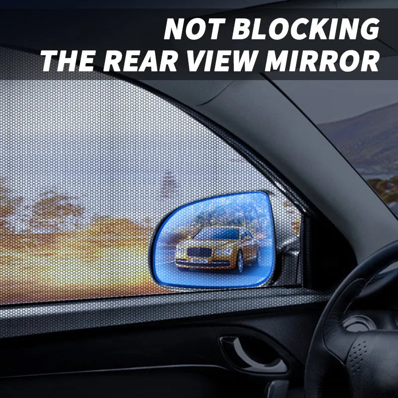 Car side window sunshades with stretch mesh covering front and rear windows
