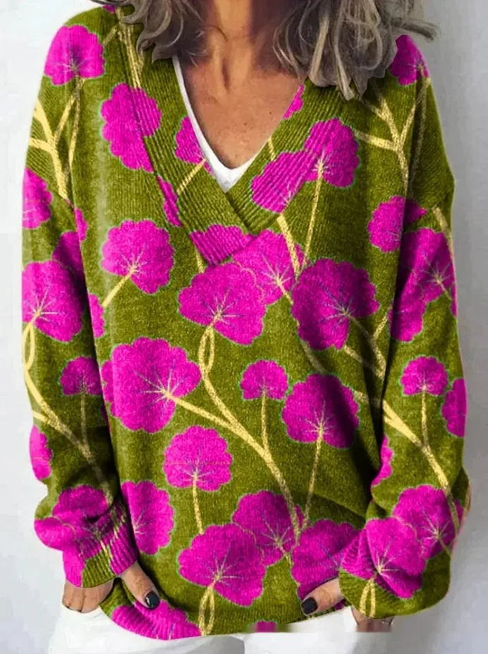 Women's floral pattern printed V-neck sweatshirt with 3D effect and long sleeves in colour E073