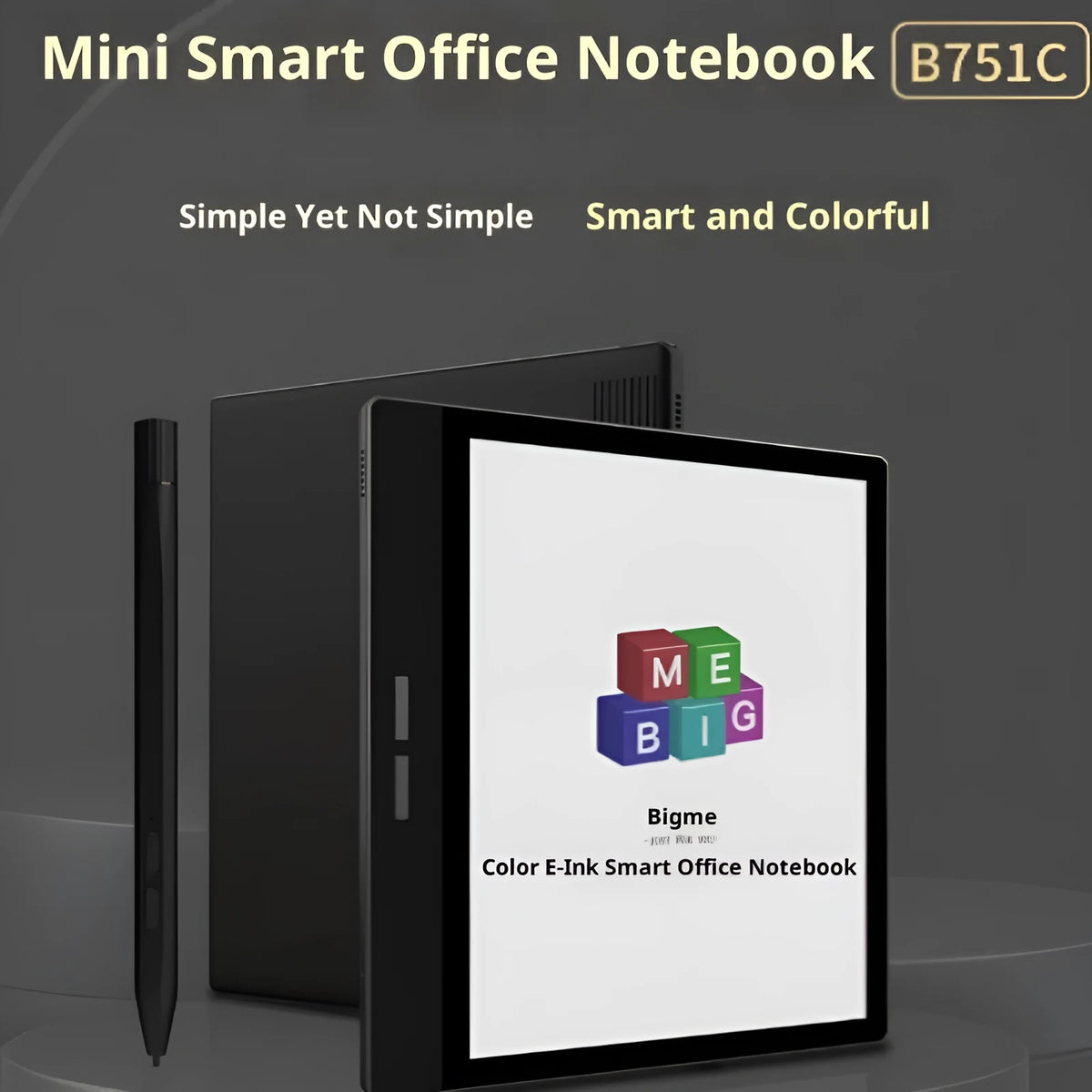 7-inch black colour E-ink e-book reader with capacitive stylus on a desk showing a colour book page