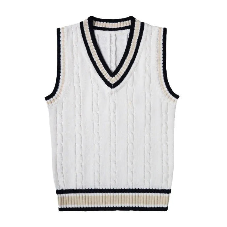 Thick V-neck pullover sleeveless school uniform sweater vest in white, loose fit, contrast colour trim