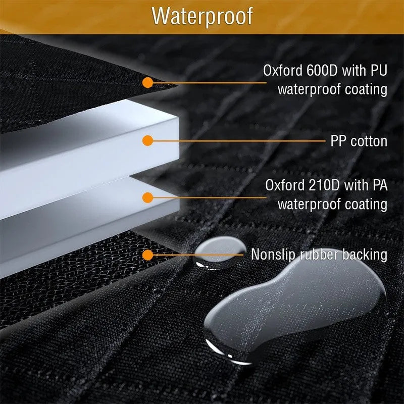 Waterproof cloth car pet kennel rear seat cushion in black measuring 137x147cm placed on a car back seat