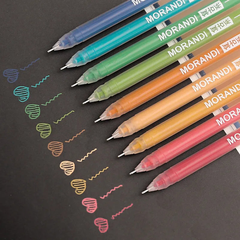 Nine Japanese gel pens in plastic case with 0.5mm needle tips in retro colour theme