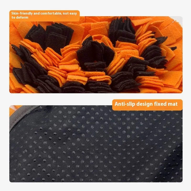 Orange, black, and green pumpkin-shaped pet smell mat made from polar fleece cloth.