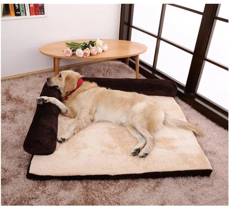 Corduroy dog bed with bolster sides in coffee colour on hardwood floor