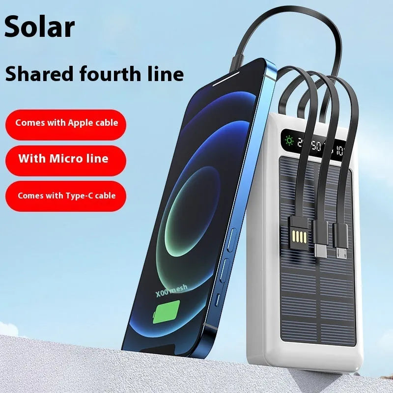 Black, white, and green solar power bank with 30000 mAh capacity and charging cable