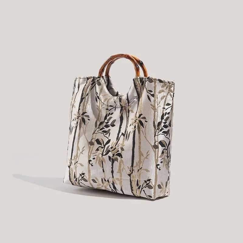 Beige canvas handbag with traditional ink bamboo print, square vertical shape, 26cm by 8cm by 28cm