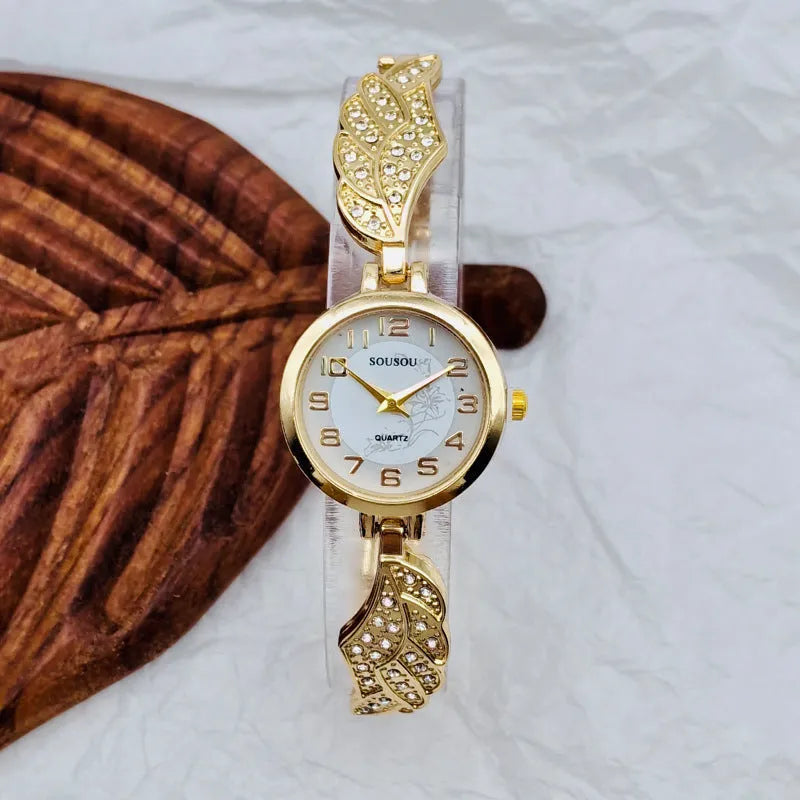 Ladies stainless steel watch with round dial and 9mm thickness in gold, black gold, or white gold
