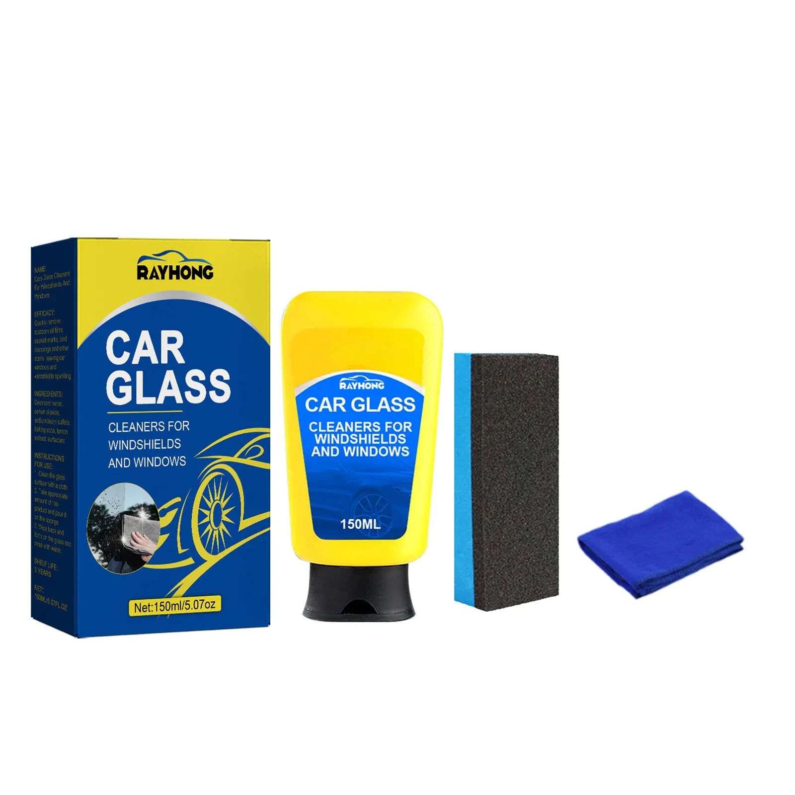 Car windscreen detergent defogging kit showing 150ml bottle, sponge, and microfibre cloth for automotive glass cleaning