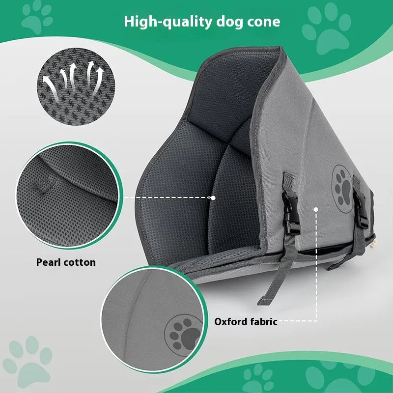 Adjustable polyester pet sterilization collar in sizes L, M, XL shown on a dog.