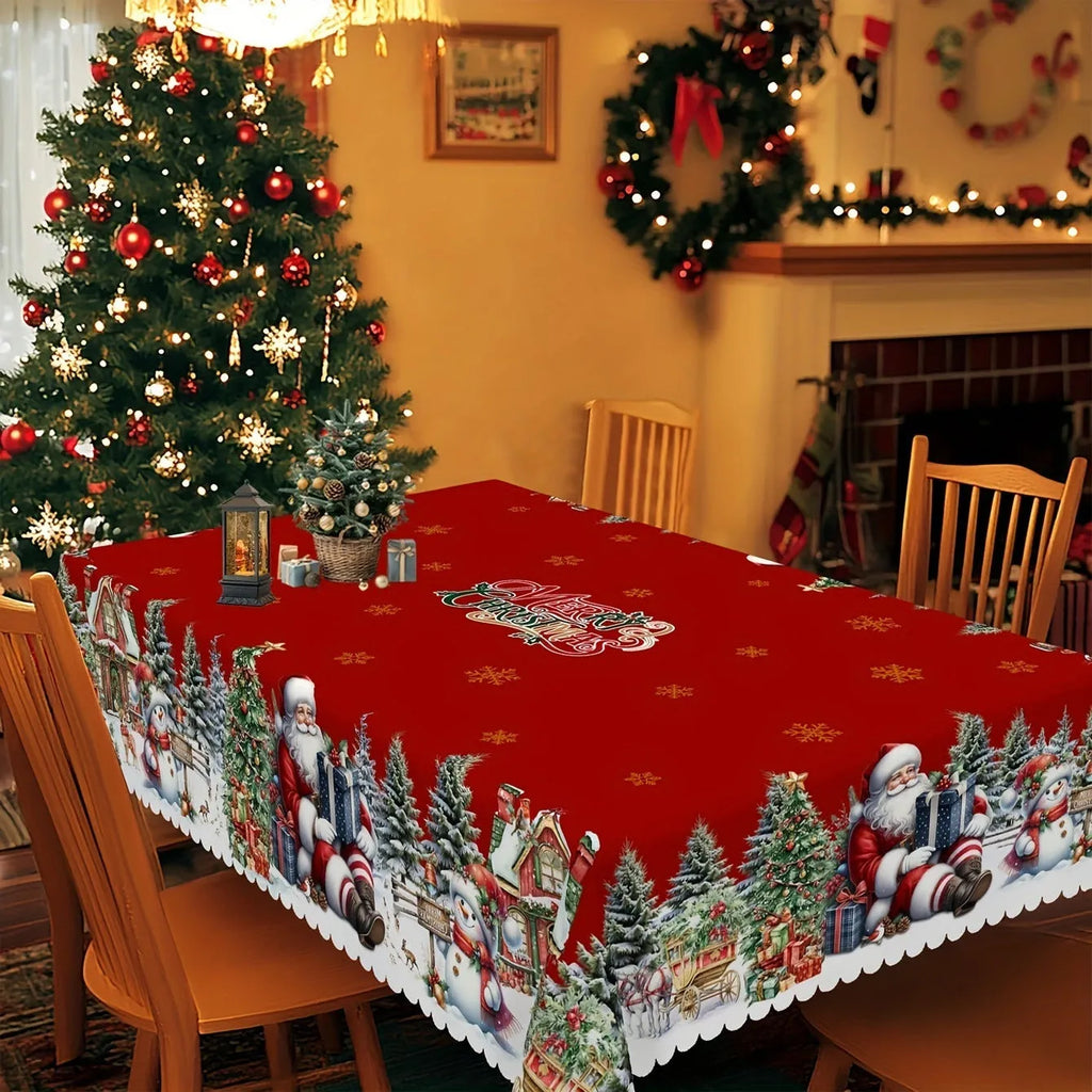 Round 152cm polyester tablecloth with printed Christmas snowflake and Santa Claus pattern on a dining table