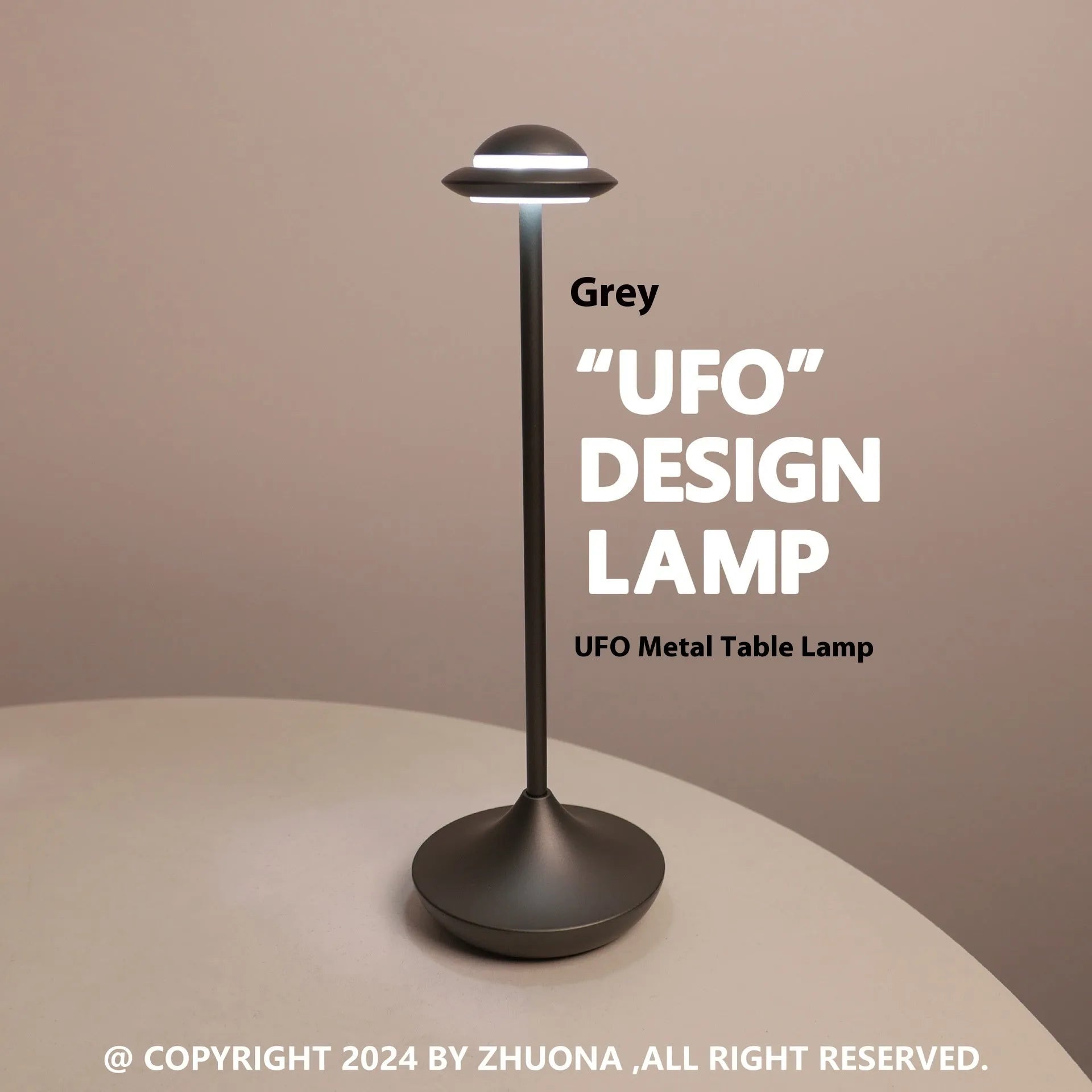 Black UFO-shaped metal table lamp with rechargeable battery and touch dimming controls.