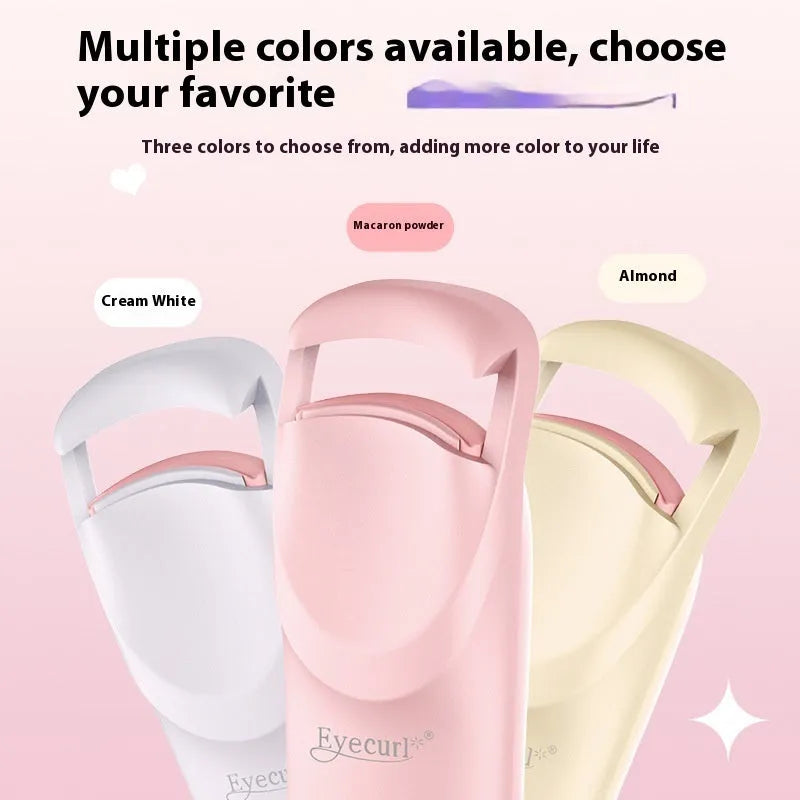 USB electric heating eyelash curler in choice of colours including vanilla apricot, maca pink, and cream white.