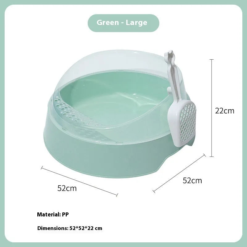Round mint green cat litter box made from PP plastic with deodorant feature, shown next to a pink version.