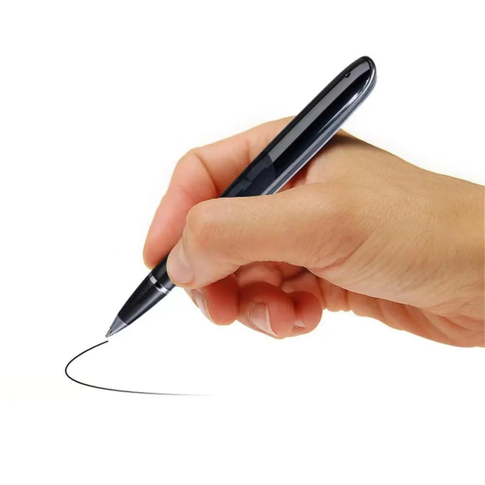 Black and silver lossless recording pen with OLED display screen on a white background