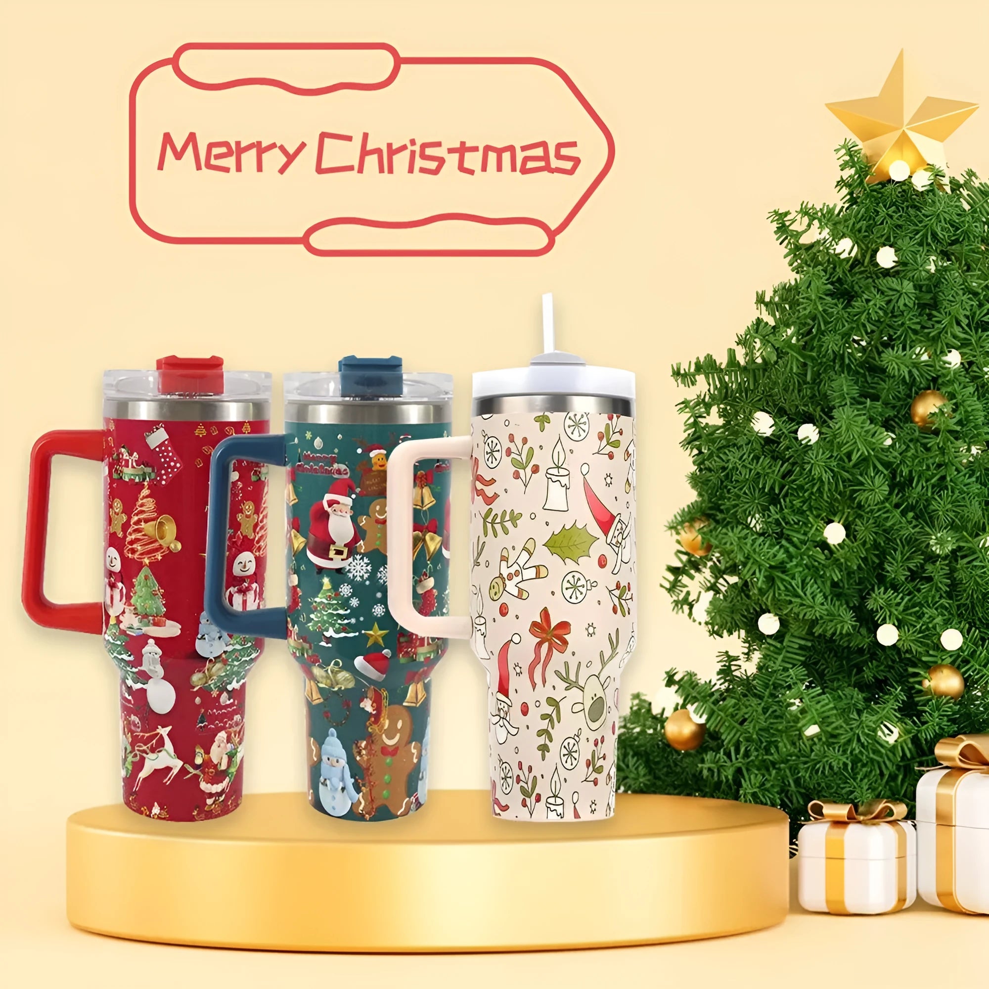 Christmas pattern stainless steel vacuum tumbler with handle, lid and straw - 1200ml capacity travel cup