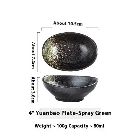 Oval-shaped Japanese ceramic sauce dipping bowl with an underglaze decorative pattern.