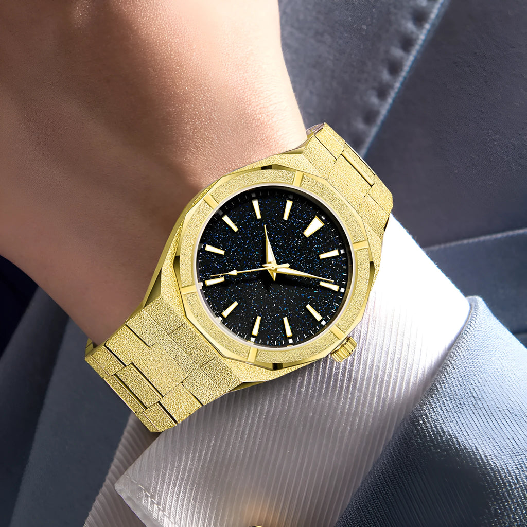 Men's business watch with frosted stainless steel case and luminous markers in silver, gold or black options