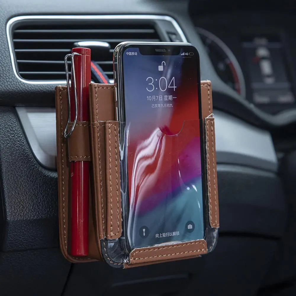 Beige faux leather car air outlet storage bag with clear phone pocket and multiple compartments for glasses, pen, and cords