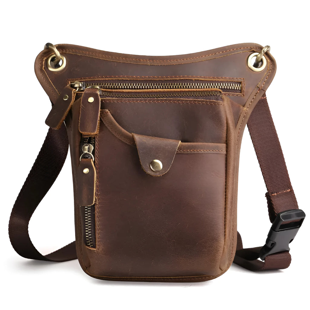 Men's brown crazy horse leather vintage satchel bag with flap closure and adjustable shoulder strap.