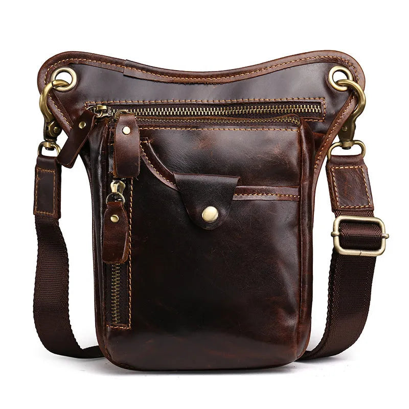 Men's brown crazy horse leather vintage satchel bag with flap closure and adjustable shoulder strap.