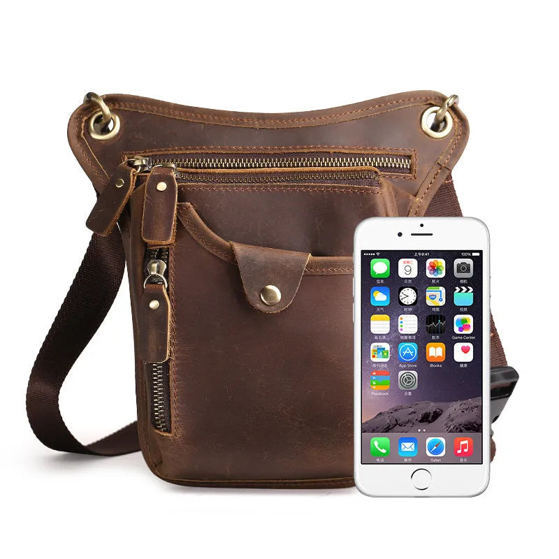 Men's brown crazy horse leather vintage satchel bag with flap closure and adjustable shoulder strap.