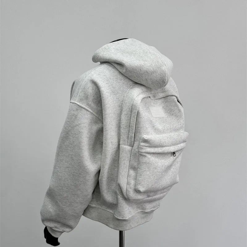 Men's light grey hooded sweatshirt with a schoolbag graphic printed on the back.