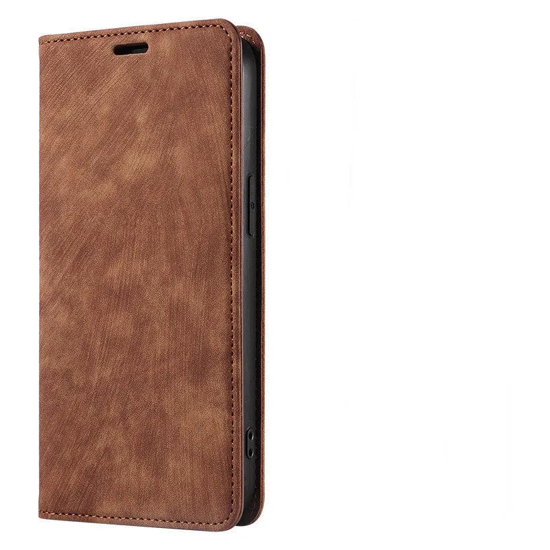 Magnetic flip phone case for iPhone in a solid colour, showing TPU frame and leather cover.