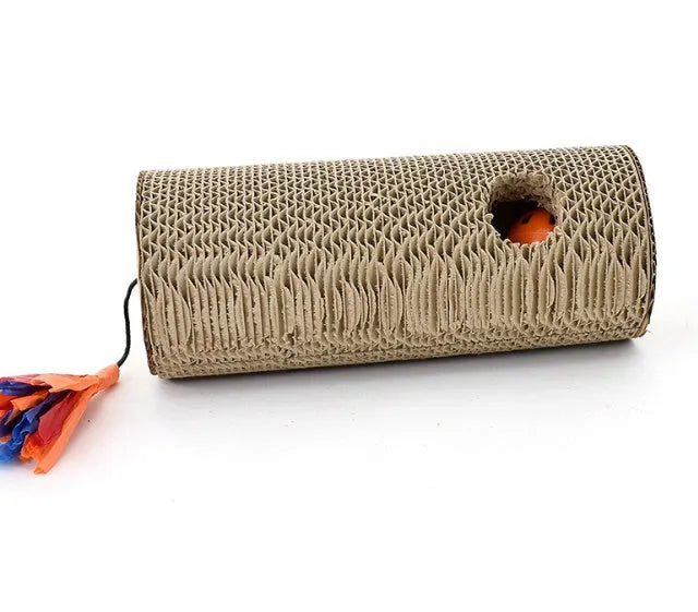 Cat scratching board made from environmental protection corrugated paper in beige and brown, suitable for floor or wall mounting.