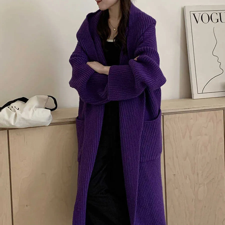 Women's loose hooded acrylic cardigan coat with raglan sleeves in milky white colour