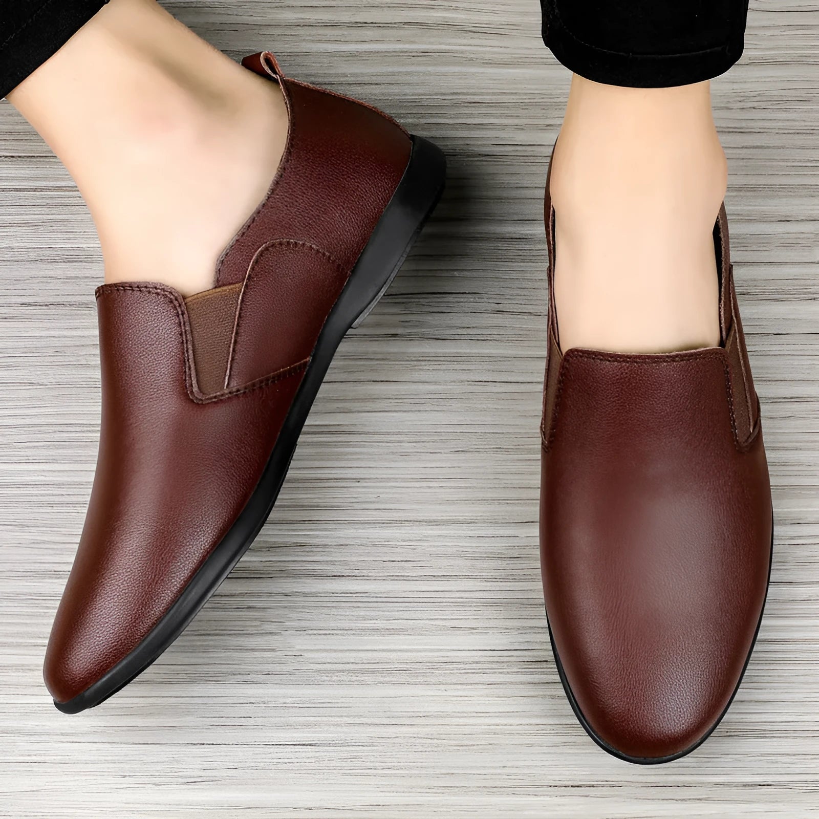 Men's black leather business casual shoes with round toe and breathable design