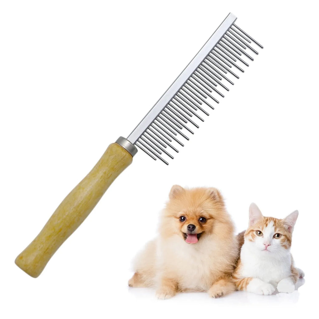 Wooden handle pet grooming comb for dogs and cats with rounded comb needles