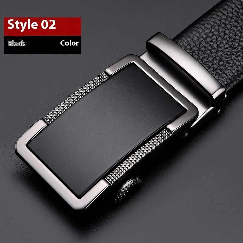 Men's leather belt with an automatic alloy buckle in gun black, silver, or gold colour options.