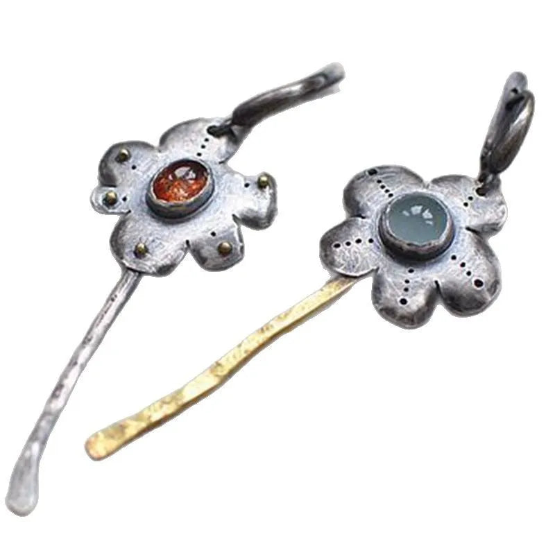 Geometric retro earrings with asymmetric two-tone colour and floral design